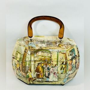 Vintage Wooden Decoupage Purse with Lucite Handle